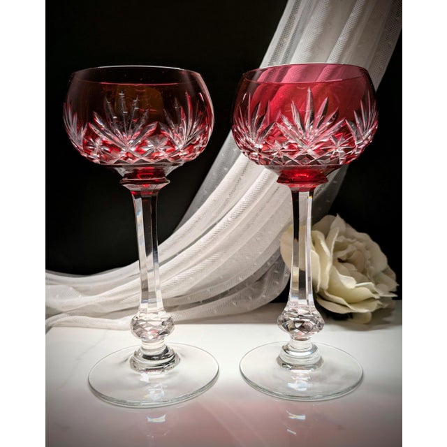 Gorgeous pre-1930 crystal hock wine glasses pair by historic French luxury crystal maker, Saint-Louis - rich cranberry...