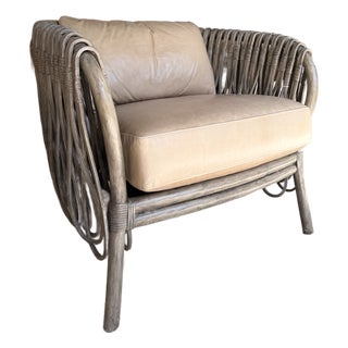 Arteriors Taupe Leather and Rattan Lounge Chair For Sale