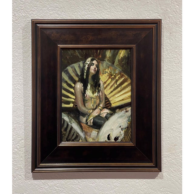 Early 21st Century Siren in Green Gold by Nadezda | Oil on panel of a woman seated with a fan backdrop For Sale - Image 5 of 5