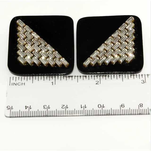 Abstract 1980s Vintage Deco Revival Earrings Black Resin & Baguette Rhinestones, A Pair For Sale - Image 3 of 3