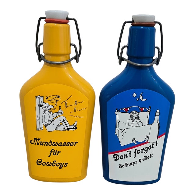 Vintage German Cartoon Schnapps Bottles – “Don’t Forget” & “Mouthwash for Cowboys” Pair For Sale
