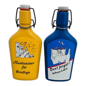 Vintage German Cartoon Schnapps Bottles – “Don’t Forget” & “Mouthwash for Cowboys” Pair
