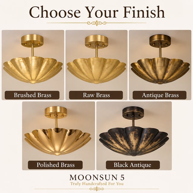 Brass Scalloped Brass Semi Flush Mount Ceiling Light, Hand-Finished Art Deco Fixture For Sale - Image 8 of 10