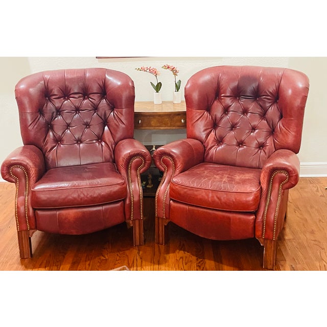 Vintage Pair of Oxblood Tufted Leather Writers Recliner Armchairs For Sale - Image 4 of 10