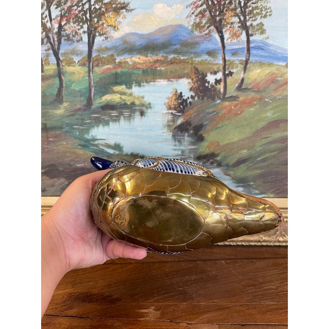 Metal Vintage Chinese Cloisonné and Ceramic Duck Figurine With Hand-Painted Detailing. For Sale - Image 7 of 9
