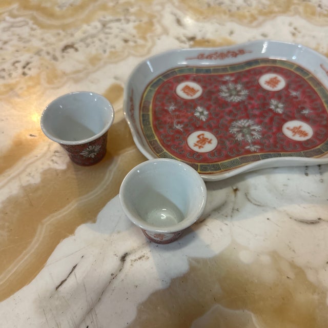 Pink Vintage Miniature Set of Asian Ceramic Cups, Teapot, and Tray- 5 Pieces Total For Sale - Image 8 of 8