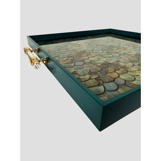 Transitional Custom Peacock Tray Acrylic Handles Teal For Sale - Image 3 of 9