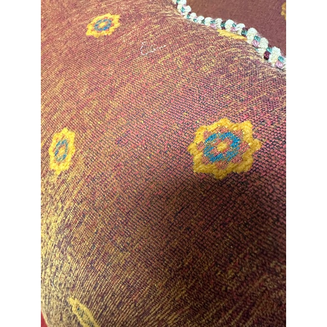 Set of 5 Down Filled Pillows Covered in Deep Red and Saffron Yellow Fabric and Pink, Green and Burgu For Sale - Image 11 of 11