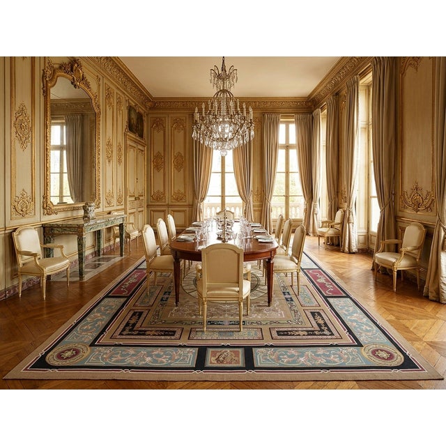 9x12 Vintage Aubusson Flat Weave Wool Rug, Neoclassical Compass Medallion For Sale - Image 11 of 12