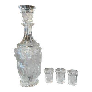 Lalique Frosted Glass Decanter With Three Shot Glasses, France, 1930's. For Sale