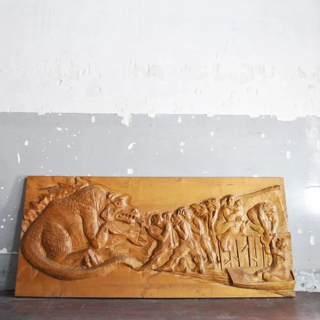 Mythological Figure of a Dragon and Some Commoners Bas-Relief in Solid Wood, 1960s For Sale - Image 3 of 9