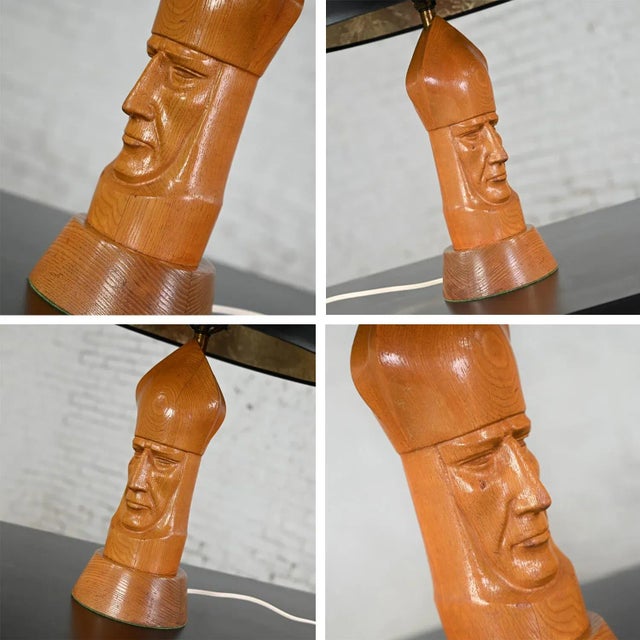 Mid-20th Century MCM Carved Wood Bishop Chess Piece Table Lamp With Black Paper Shade For Sale - Image 10 of 12
