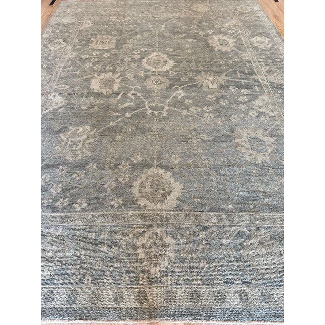 Cream Vintage Oushak Carpet, Oriental Rug, Handmade Green Grey, Ivory, Saffron For Sale - Image 8 of 18