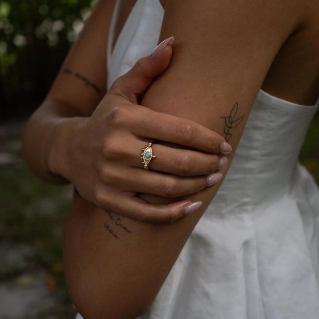 Metal Mystic Turquoise Evil Eye Gold Adjustable Band Ring, Size 8 For Sale - Image 7 of 9