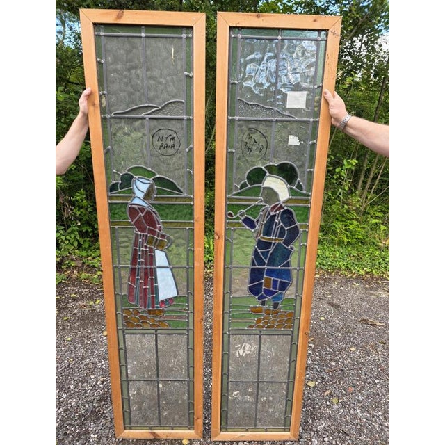 Antique Leaded Glass Window with Dutch Boy and Girl Design, 1930 For Sale - Image 4 of 6