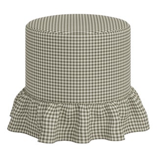 Stoffer Home x Cloth & Company Bernadette Ruffle Drum Ottoman in Laurel Mini Gingham For Sale