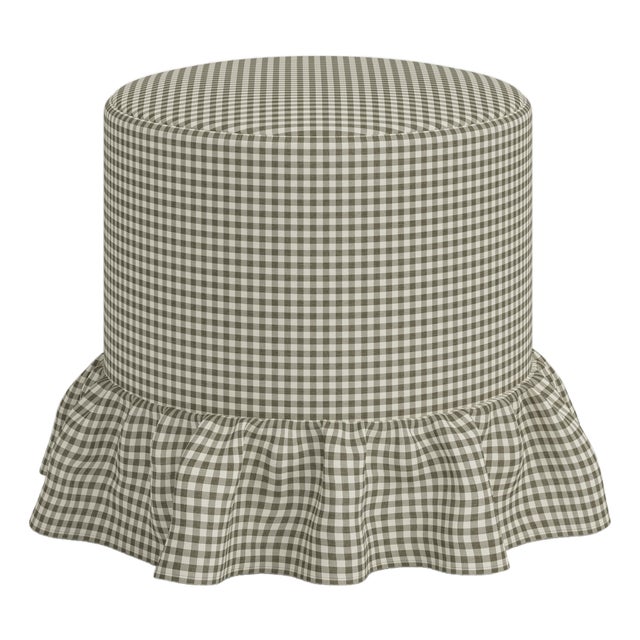 Stoffer Home x Cloth & Company Bernadette Ruffle Drum Ottoman in Laurel Mini Gingham For Sale