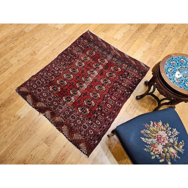 Textile Vintage Turkmen Tekke Area Rug in Allover Geometric Pattern in Brick-Red, Navy, Ivory, Brown For Sale - Image 7 of 16