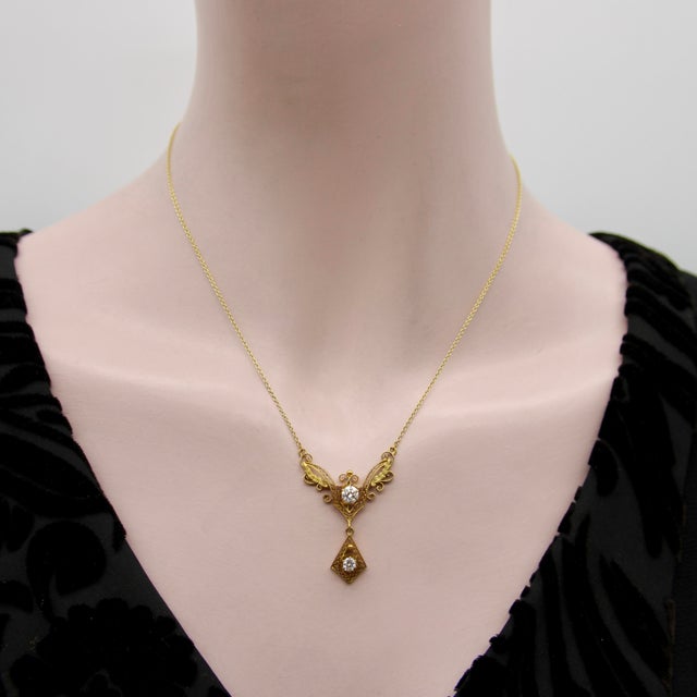 Gold Late 19th Century Victorian 14k Gold Filigree and Old European Cut Diamond Pendant Necklace For Sale - Image 8 of 9