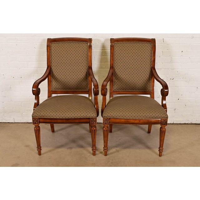 French Ethan Allen French Regency Louis XVI Carved Cherry Wood Upholstered Armchairs, Pair For Sale - Image 3 of 11