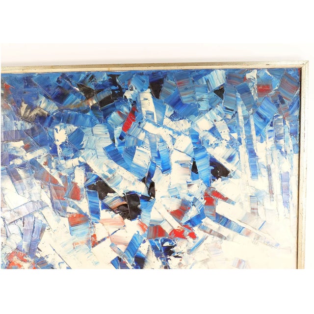 Mid-Century Modern Vintage Midcentury Modern Abstract Expressionist Oil on Canvas Painting in Blue, Marion Riseman, 1974 For Sale - Image 3 of 6