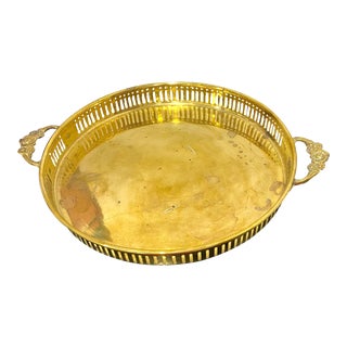 Vintage Reticulated Brass Tray With Floral Handles For Sale