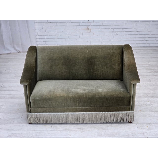 Mid-Century Modern Vintage Danish Two-Seater Sofa in Green Furniture Velour and Beech Wood, 1970s For Sale - Image 3 of 18