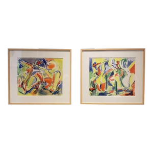 Watercolor Paintings of Dancing Figures by Artist Jacques Lamy - a Pair