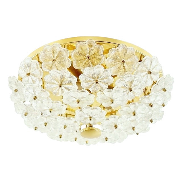 Mid-Century Floral Murano Glass and Brass Ceiling Light or Flush Mount by Ernst Palme, Germany, 1970s For Sale