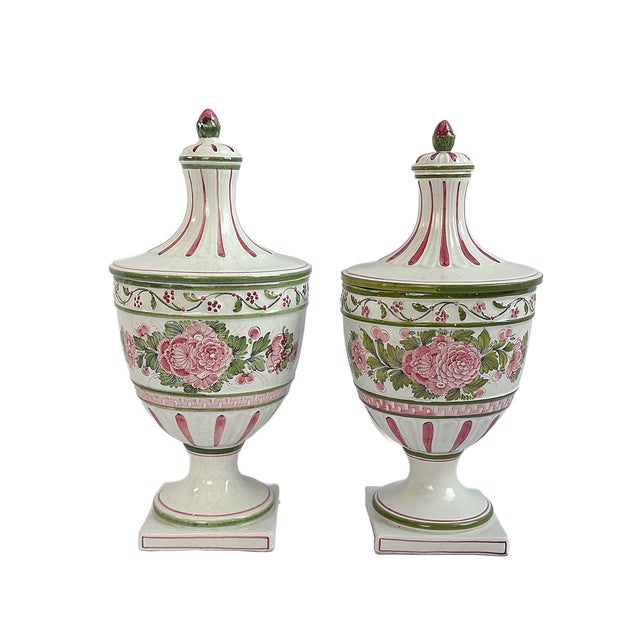 Pink Mid 20th Century Italian Meiselman Imports Hand-Painted Pink & Green Lidded Urns – A Pair For Sale - Image 8 of 8