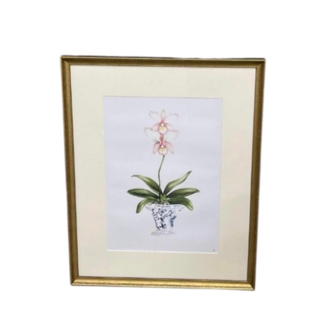 2000 - 2009 Vintage Framed Botanical Pink Orchid Print in Chinoiserie Cachepot For Sale - Image 5 of 12