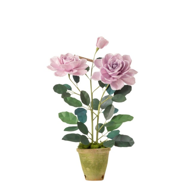 Paper Charles de Gaulle rose plant with 2 blossoms and a bud in a beautiful aged terra cotta pot. Approximately 28” tall,...