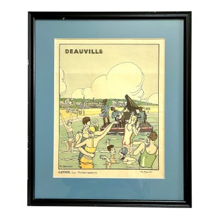 Robert Dansler French Art Deco Illustrator Framed Beach Scene For Sale