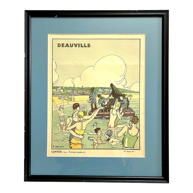 Robert Dansler French Art Deco Illustrator Framed Beach Scene For Sale