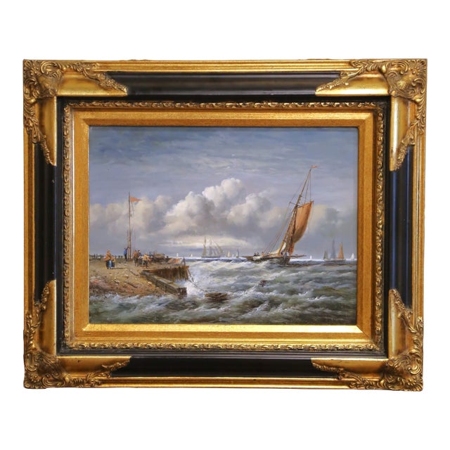 Vintage Signed Italian Marine Harbor Scene Painting With Sailboats and Figures For Sale