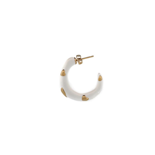 Metal Gold Heart White Hoop Earrings, A Pair For Sale - Image 7 of 9