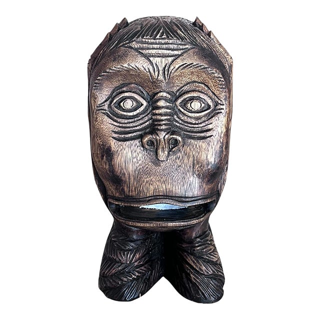 Vintage Hand-Carved Monkey Head Wooden Toilet Paper Holder – Tiki Folk Art For Sale