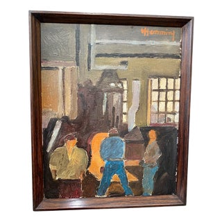 Wilhelm Henning, Industrial Interior (Workshop Scene), Oil on Canvas, 1940s–1950s, Framed For Sale