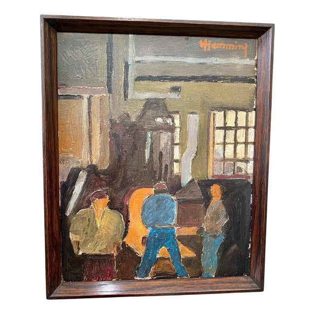 Wilhelm Henning, Industrial Interior (Workshop Scene), Oil on Canvas, 1940s–1950s, Framed For Sale