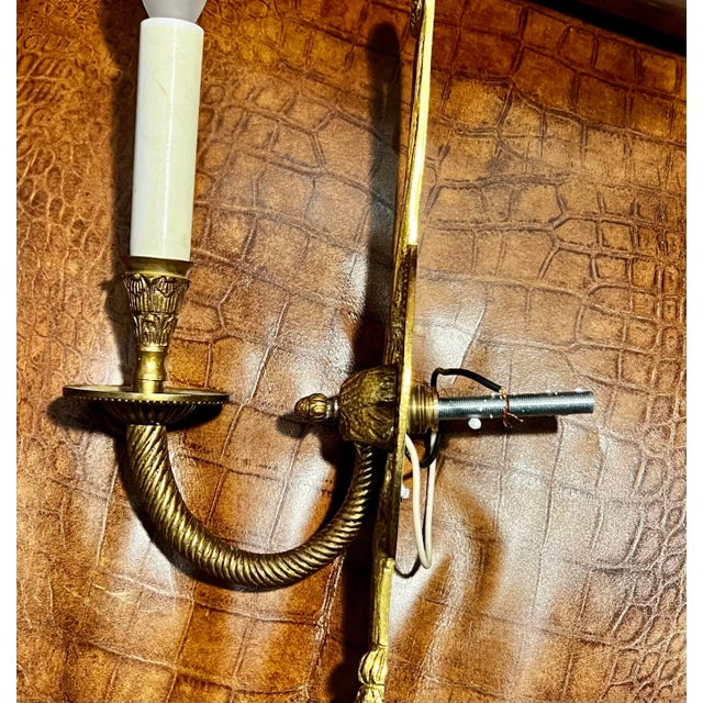 Metal Vintage Solid Brass Electric Candle Stick Rope and Tassel Wall Sconce With Linen Shade For Sale - Image 7 of 14
