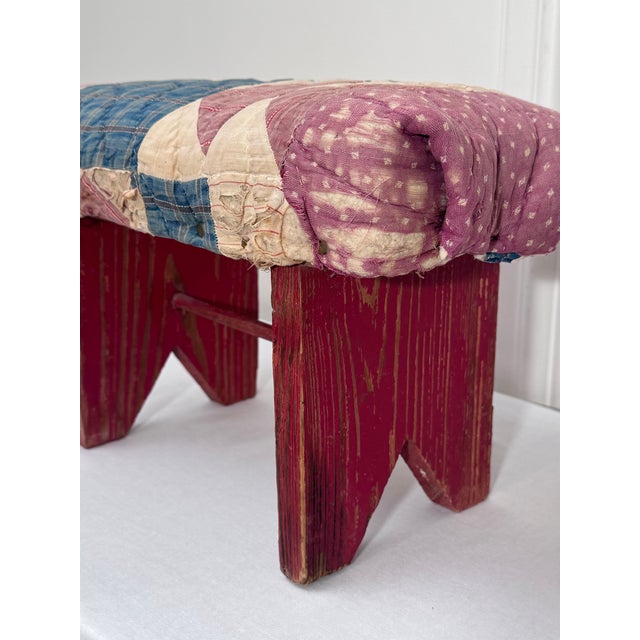 Red Antique Primitive American Quilted Top Red Painted Solid Wood Low Stool For Sale - Image 8 of 11