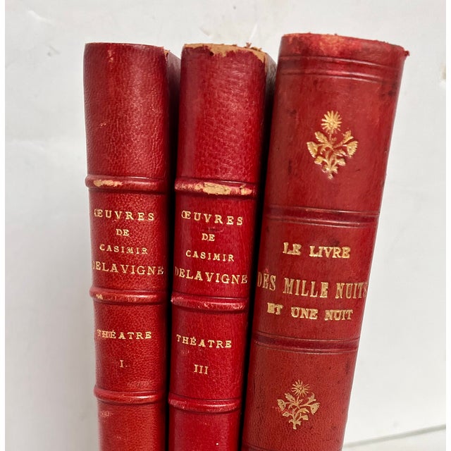 Antique French Red Leather Bound Books - Set of 3 For Sale - Image 4 of 18