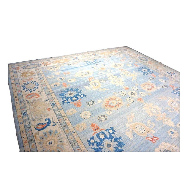 21st Century Turkish Sultanabad Wool 15x19 Light Blue & Ivory Handmade Oversized Area Rug #1144185 For Sale - Image 4 of 10