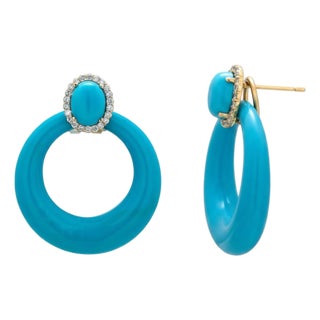 14KYl Gold Door Knocker Clip-on Earrings With Turquoise & Diamond 66.46ct Status:Published - Marketplace, Pair For Sale
