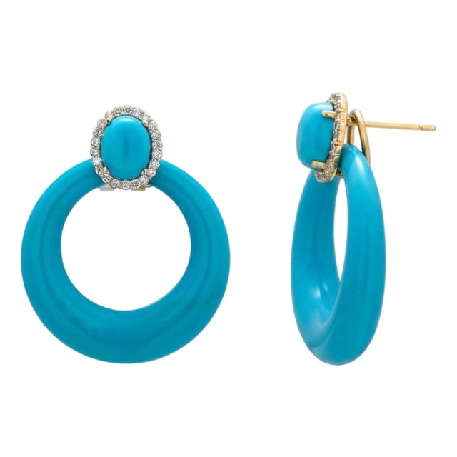 14KYl Gold Door Knocker Clip-on Earrings With Turquoise & Diamond 66.46ct Status:Published - Marketplace, Pair For Sale