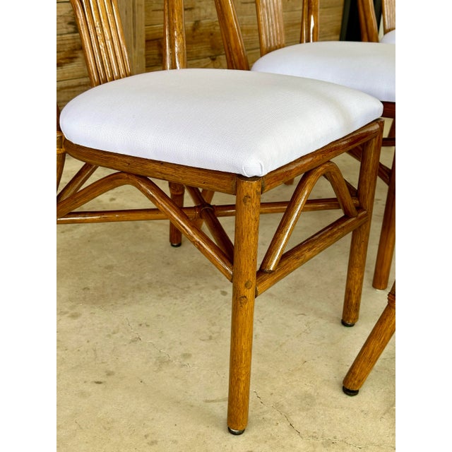 Set of 6 Restored Coastal Rattan Dining Chairs in White Sunbrella For Sale - Image 4 of 11