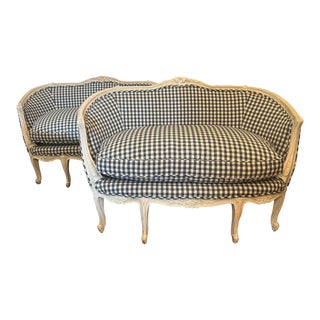 Blue and White Buffalo Check Settees - a Pair For Sale