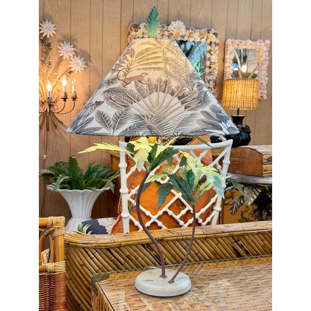 Vintage Sculptural Palm Tree Tole Lamp With Tropical Jungle Shade For Sale - Image 10 of 12