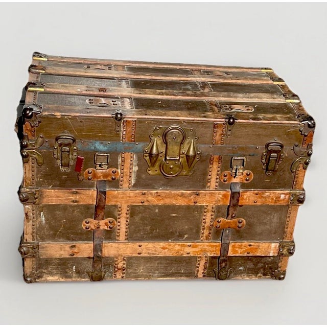 Coffee Early 1900s European Antique Travel Trunk With Wood Slats & Metal Hardware For Sale - Image 8 of 12