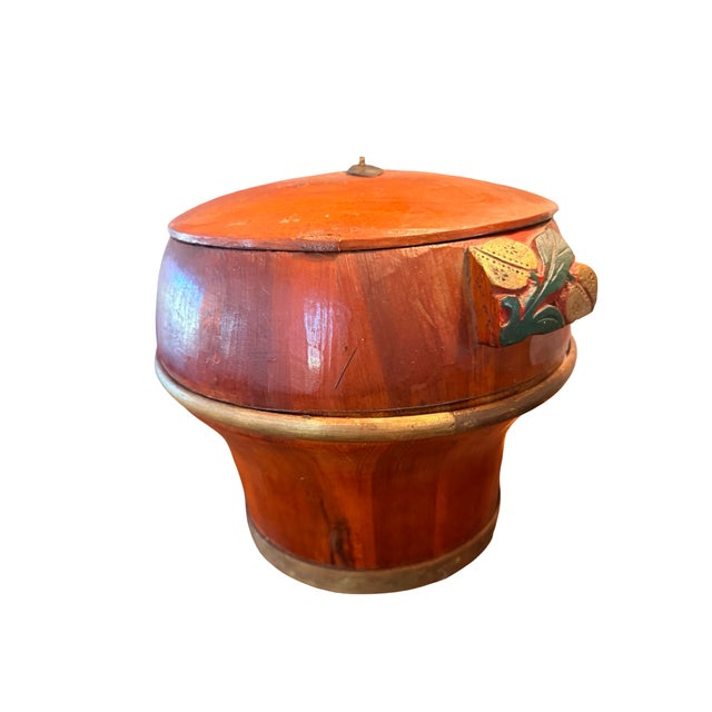 Late 19th Century 19th Century Chinese Wedding Rice Bucket With Brass Bands and Floral Handles For Sale - Image 5 of 13